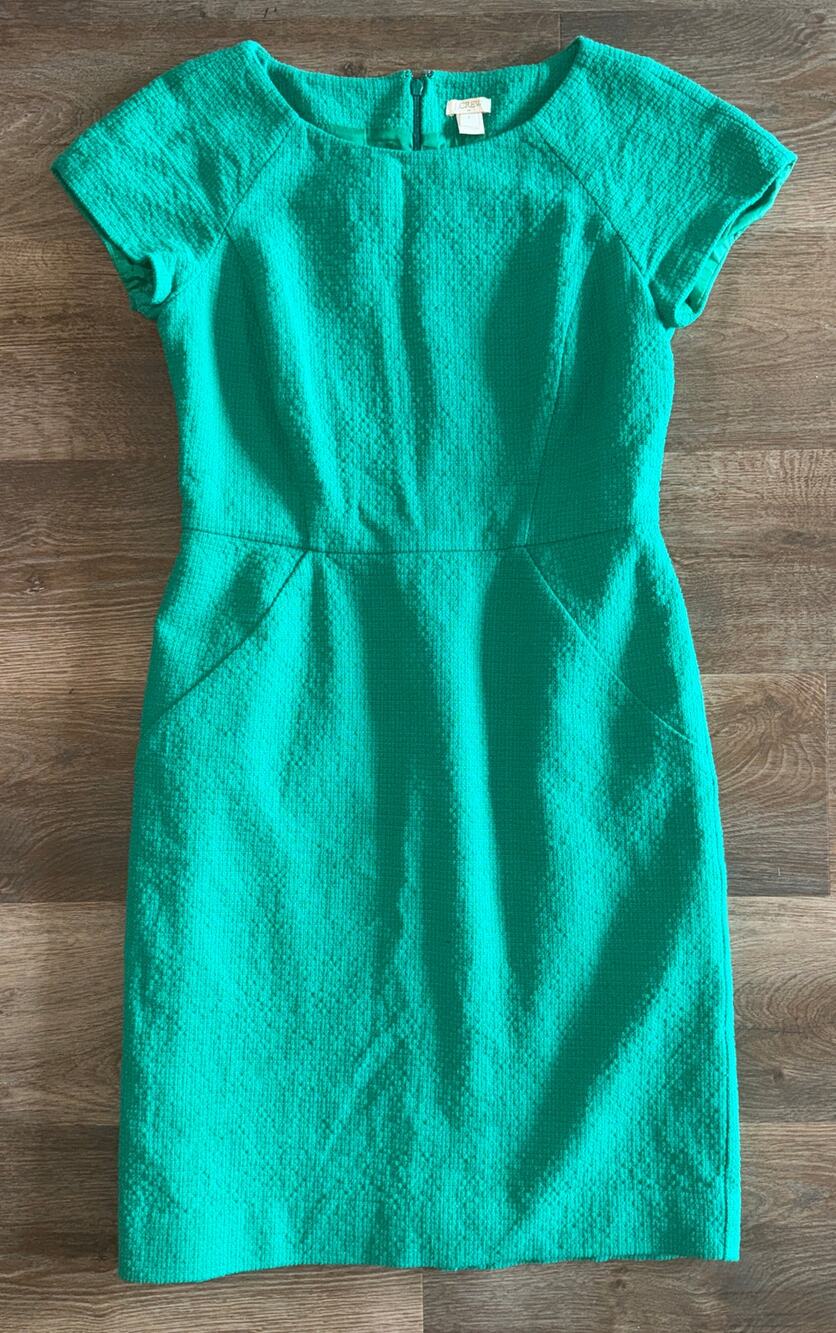 J.Crew Green Tweed Boucle Cap Sleeve Sheath Dress Size 8 Work Office Chic